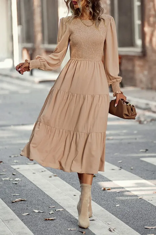 Smocked Cuffs Tiered Midi Dress