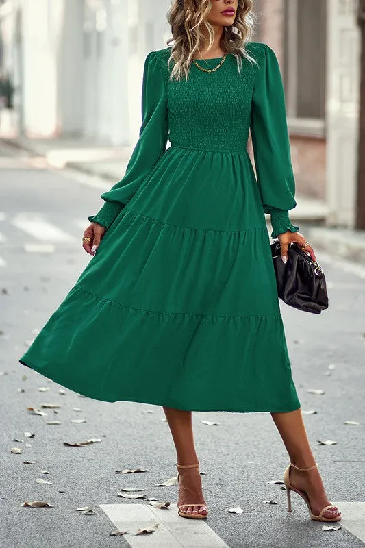 Smocked Cuffs Tiered Midi Dress
