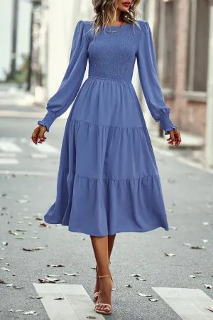 Smocked Cuffs Tiered Midi Dress