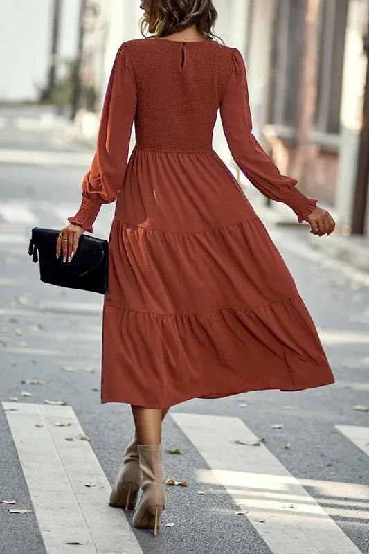Smocked Cuffs Tiered Midi Dress