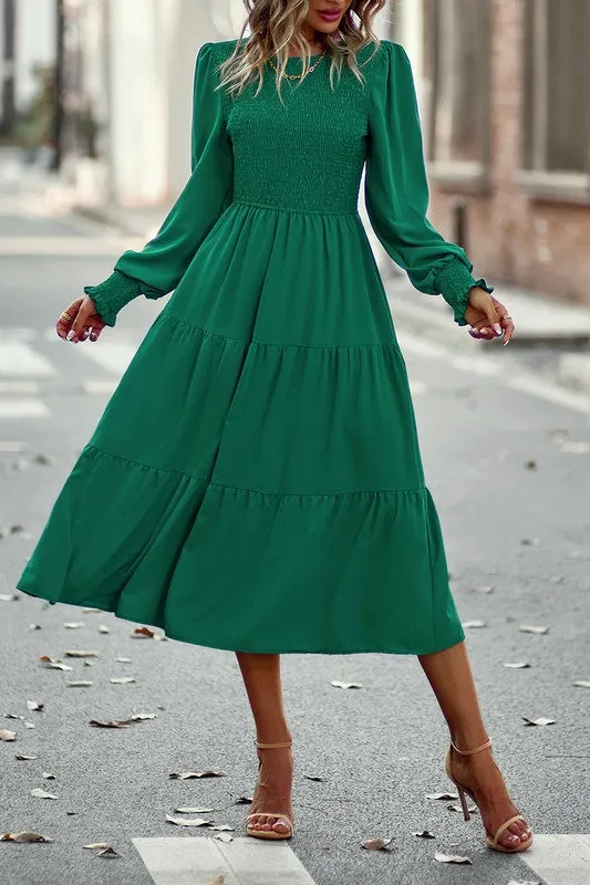 Smocked Cuffs Tiered Midi Dress