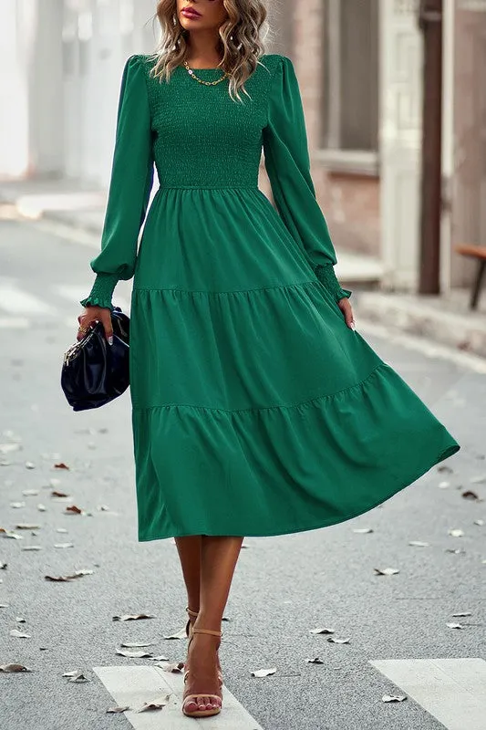 Smocked Cuffs Tiered Midi Dress