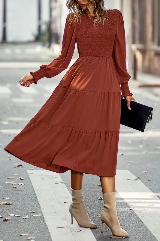 Smocked Cuffs Tiered Midi Dress