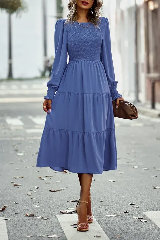 Smocked Cuffs Tiered Midi Dress