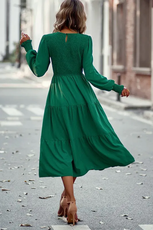 Smocked Cuffs Tiered Midi Dress