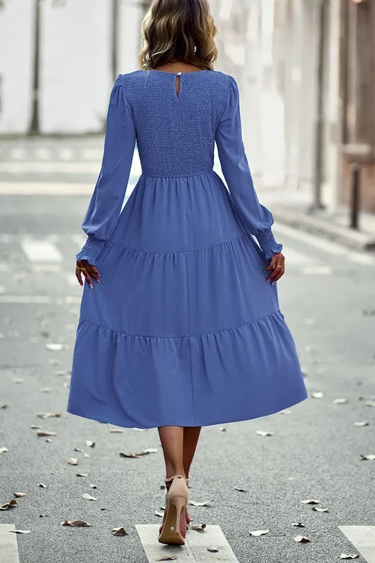 Smocked Cuffs Tiered Midi Dress
