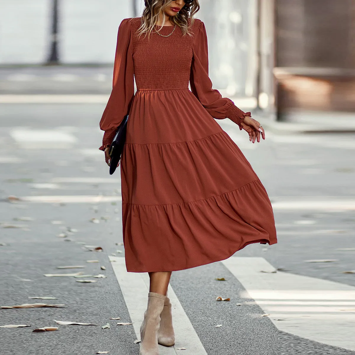 Smocked Cuffs Tiered Midi Dress
