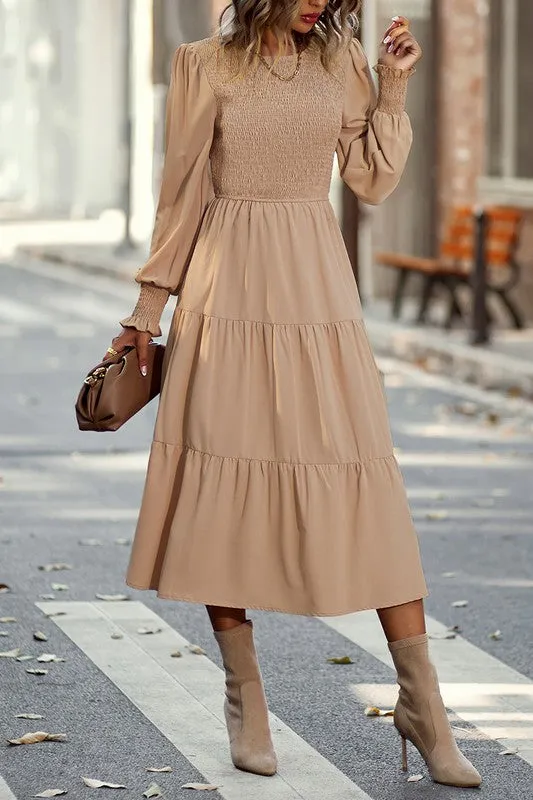 Smocked Cuffs Tiered Midi Dress