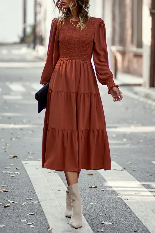 Smocked Cuffs Tiered Midi Dress