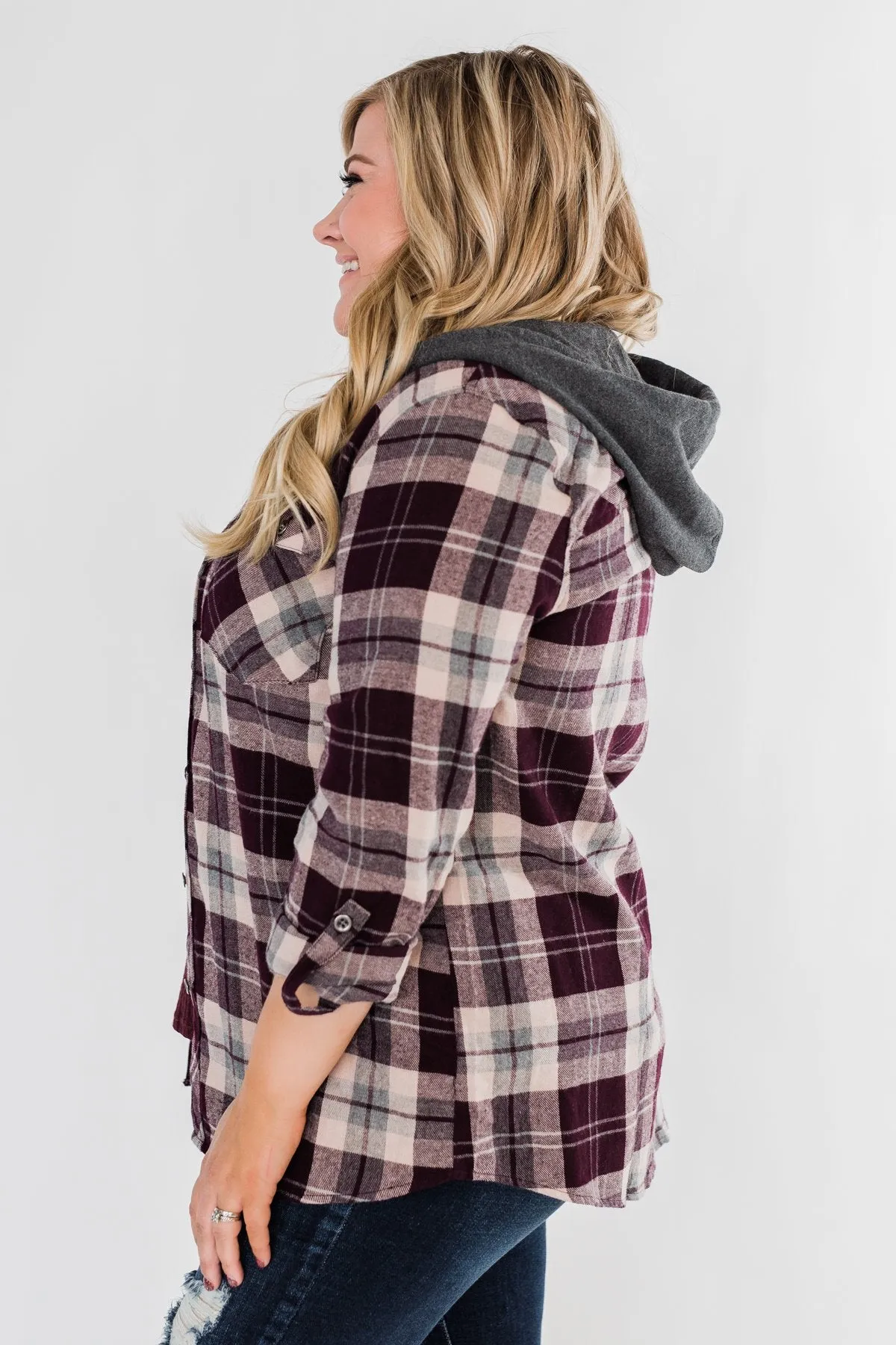 So Long To You Plaid Hooded Top- Cranberry