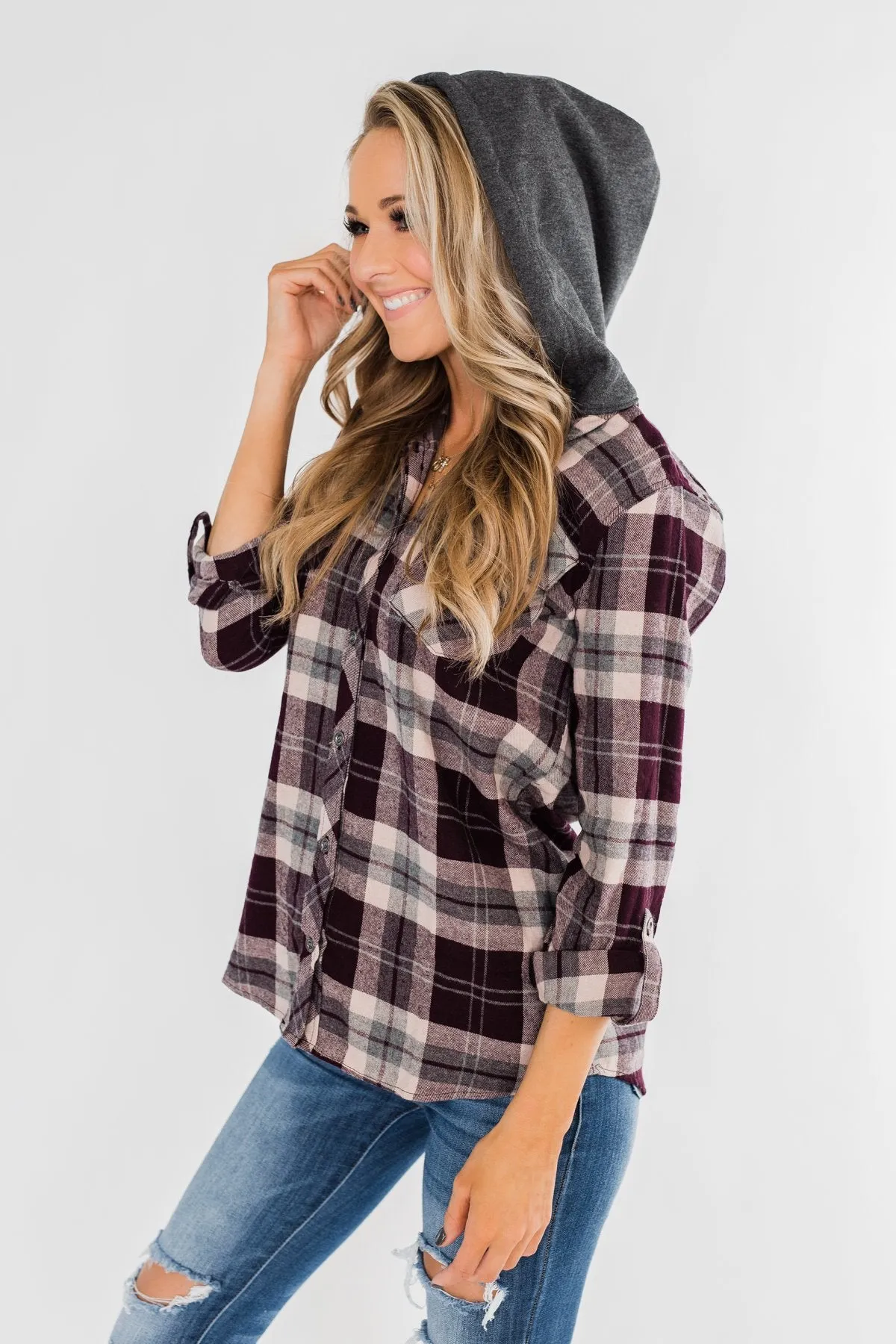 So Long To You Plaid Hooded Top- Cranberry