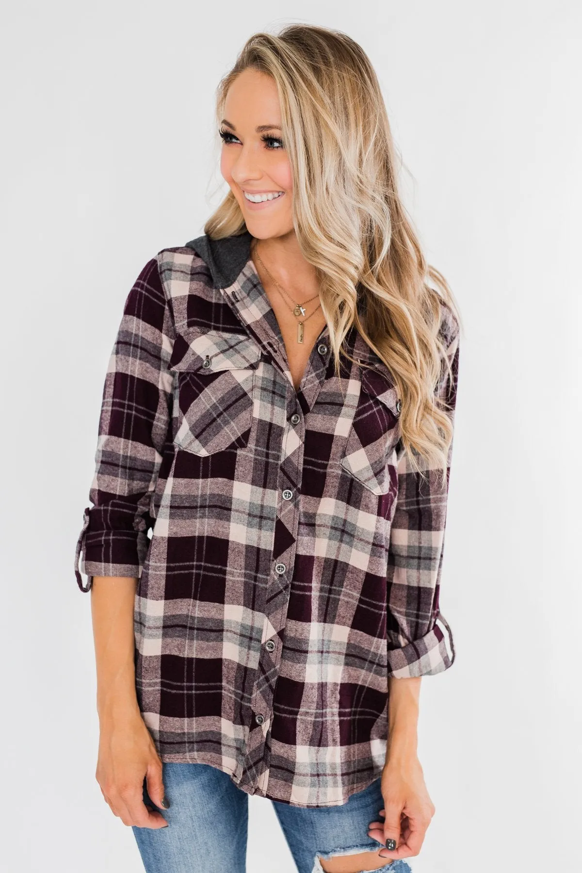 So Long To You Plaid Hooded Top- Cranberry