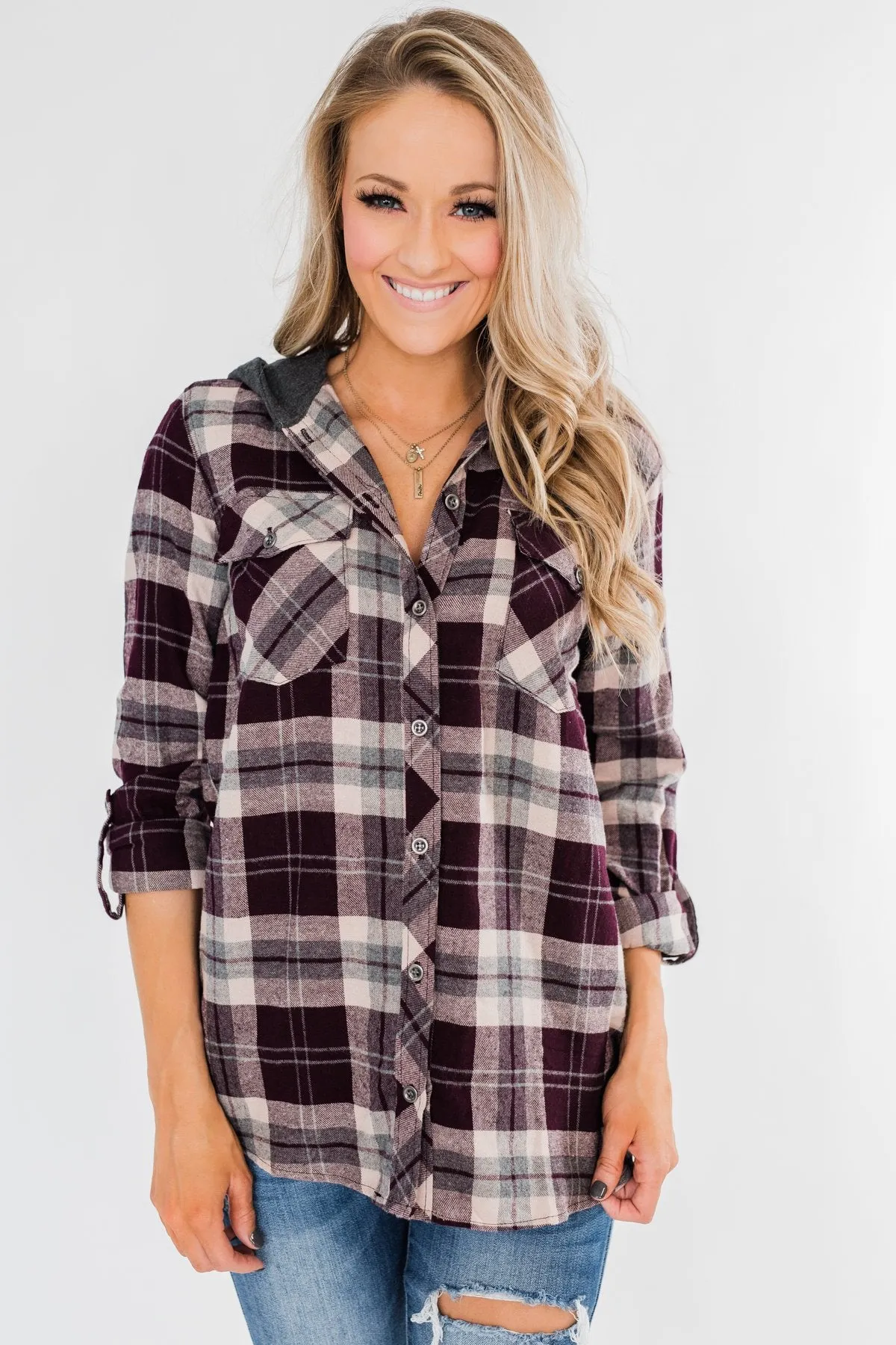 So Long To You Plaid Hooded Top- Cranberry