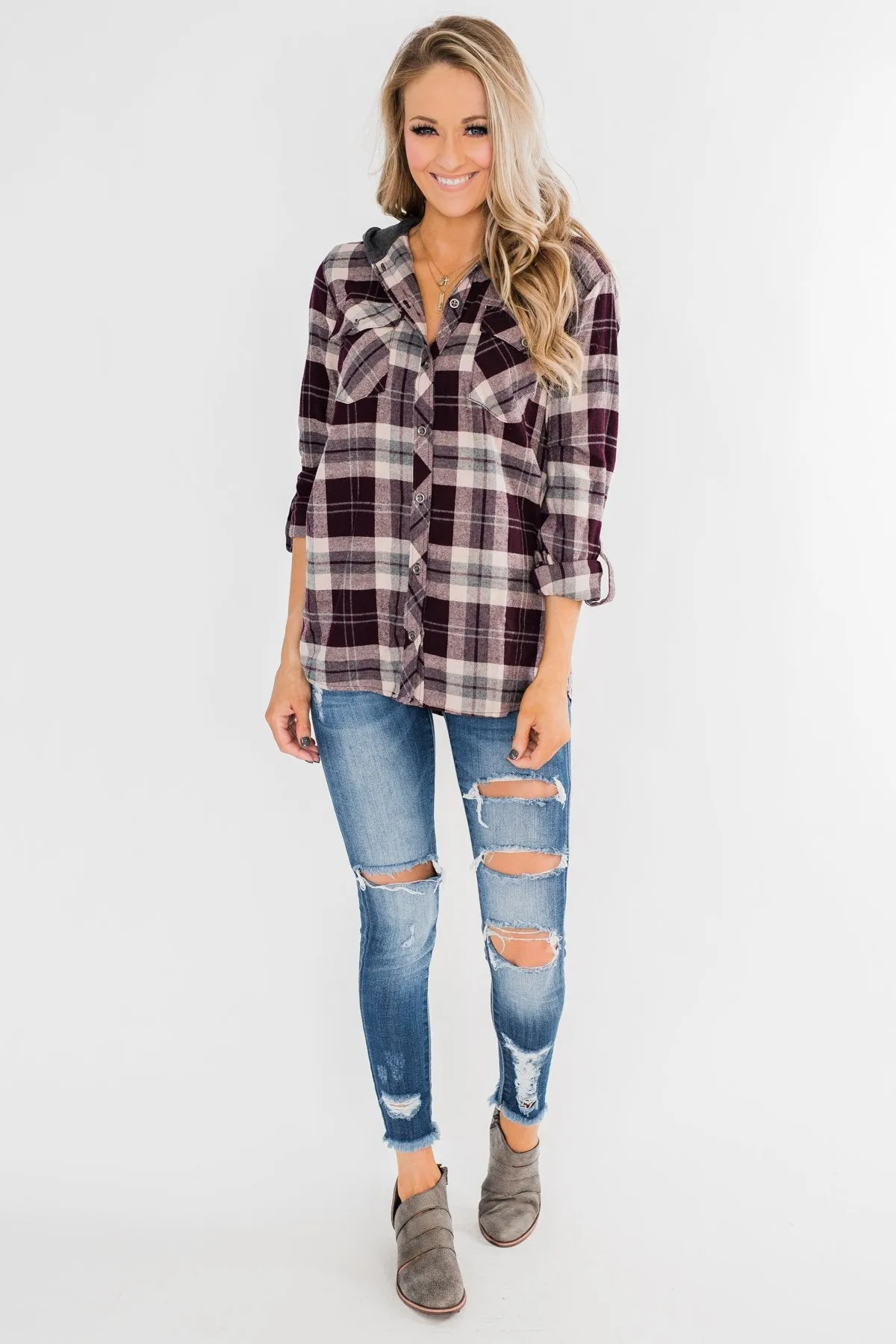 So Long To You Plaid Hooded Top- Cranberry