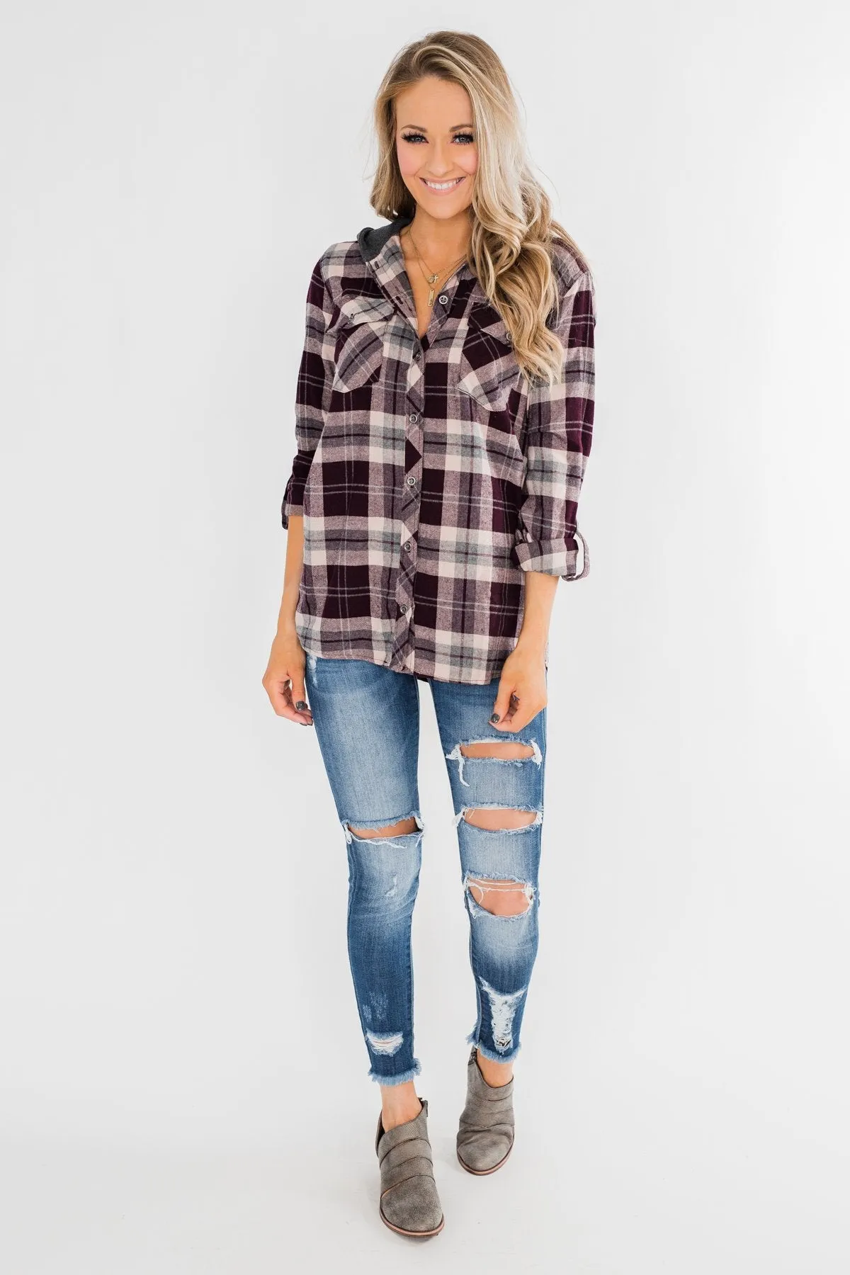 So Long To You Plaid Hooded Top- Cranberry