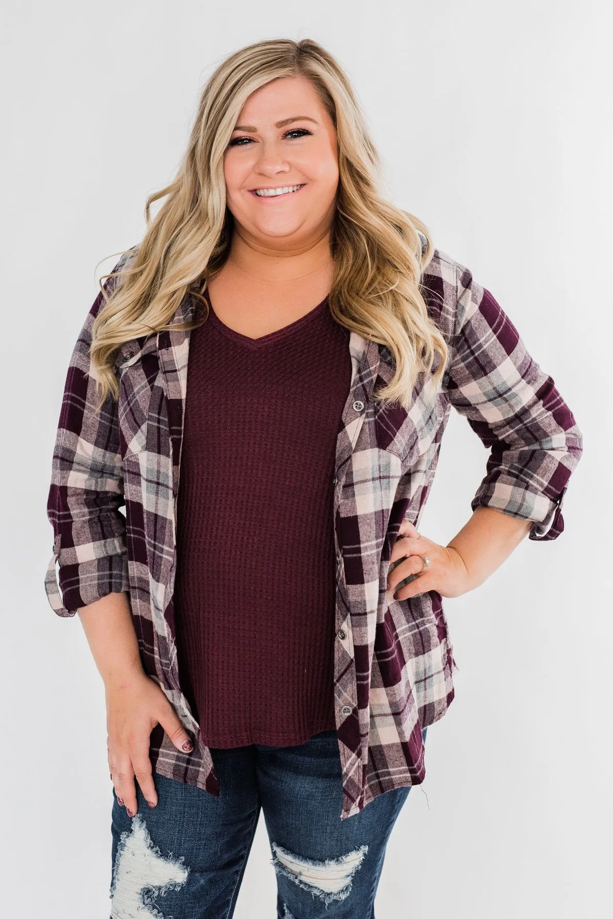 So Long To You Plaid Hooded Top- Cranberry