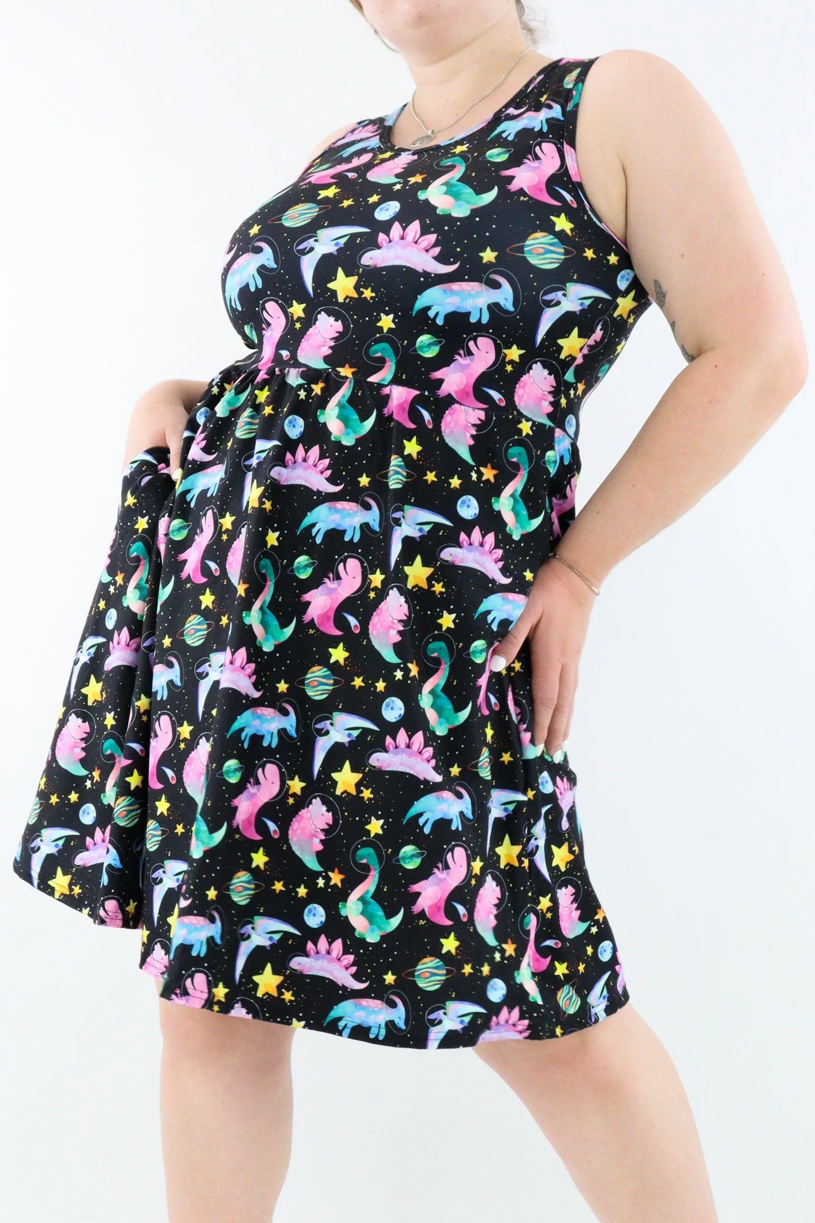 Space Dinosaurs - Sleeveless Skater Dress - Knee Length - Side Pockets