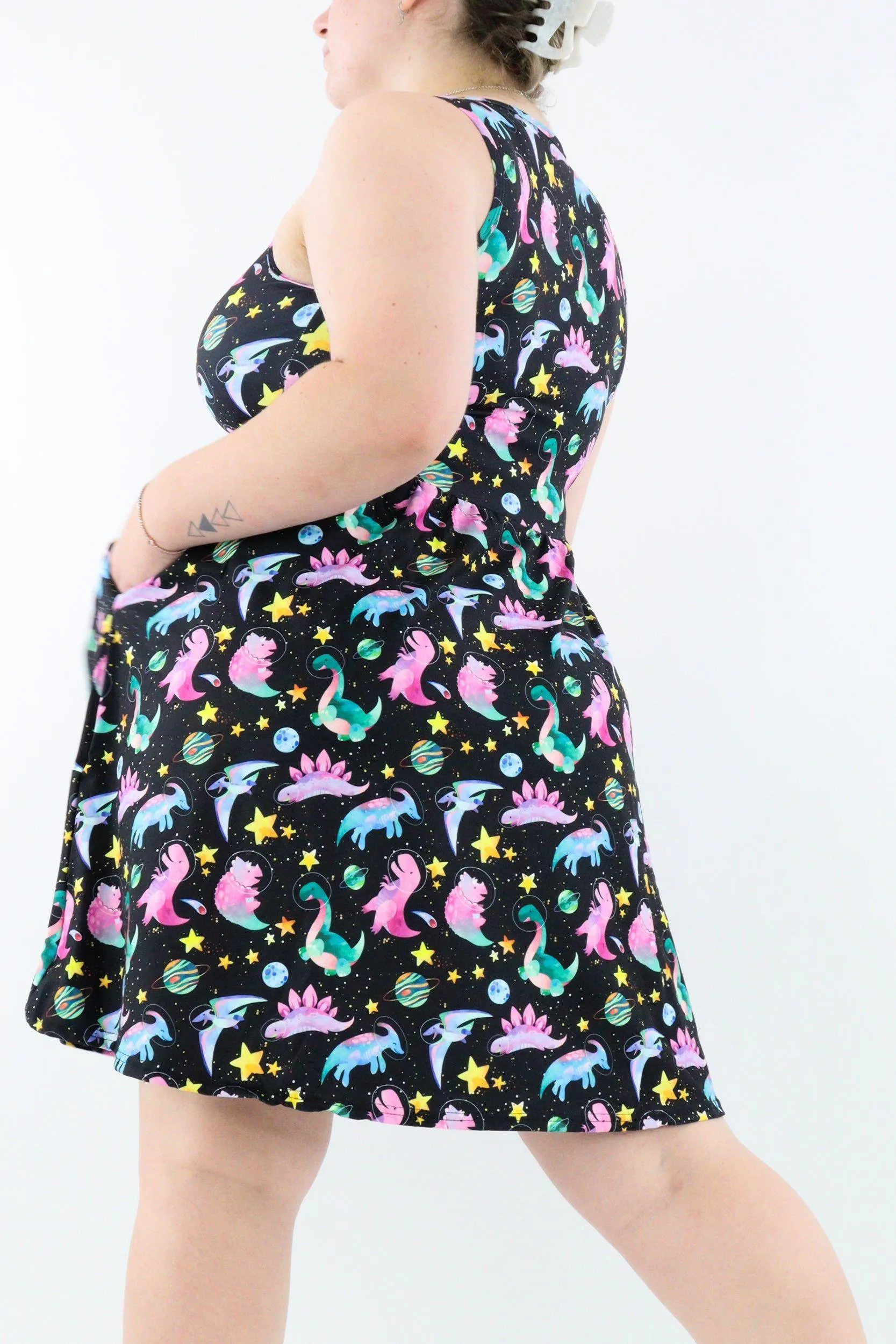 Space Dinosaurs - Sleeveless Skater Dress - Knee Length - Side Pockets