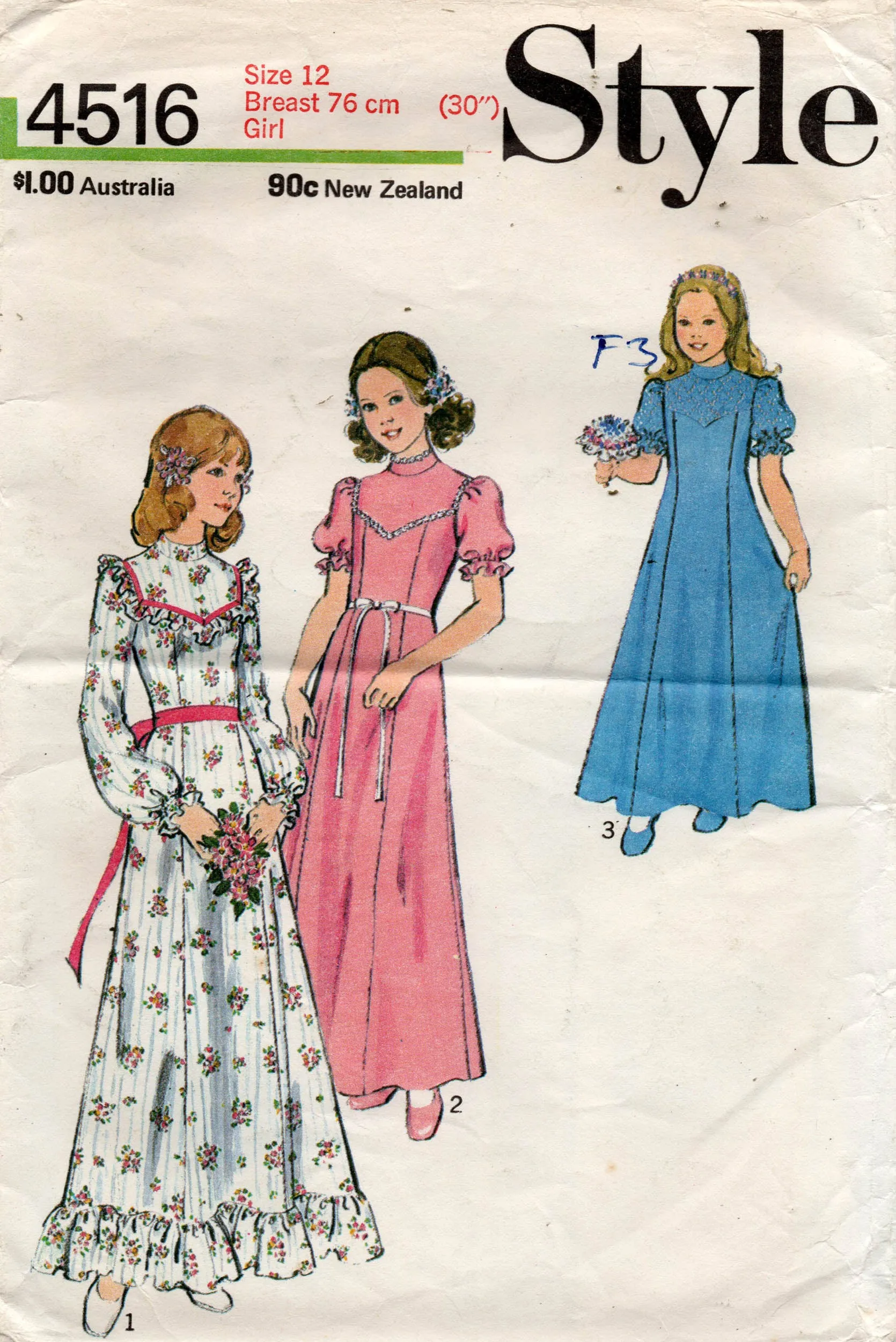 Style 4516 Teen Girls Boho Maxi Flower Girl Dress 1970s Vintage Sewing Pattern Size 12 Bust 30 inches