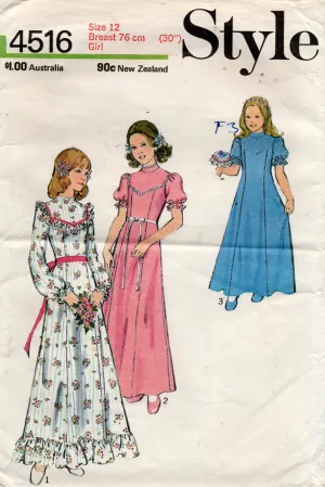 Style 4516 Teen Girls Boho Maxi Flower Girl Dress 1970s Vintage Sewing Pattern Size 12 Bust 30 inches