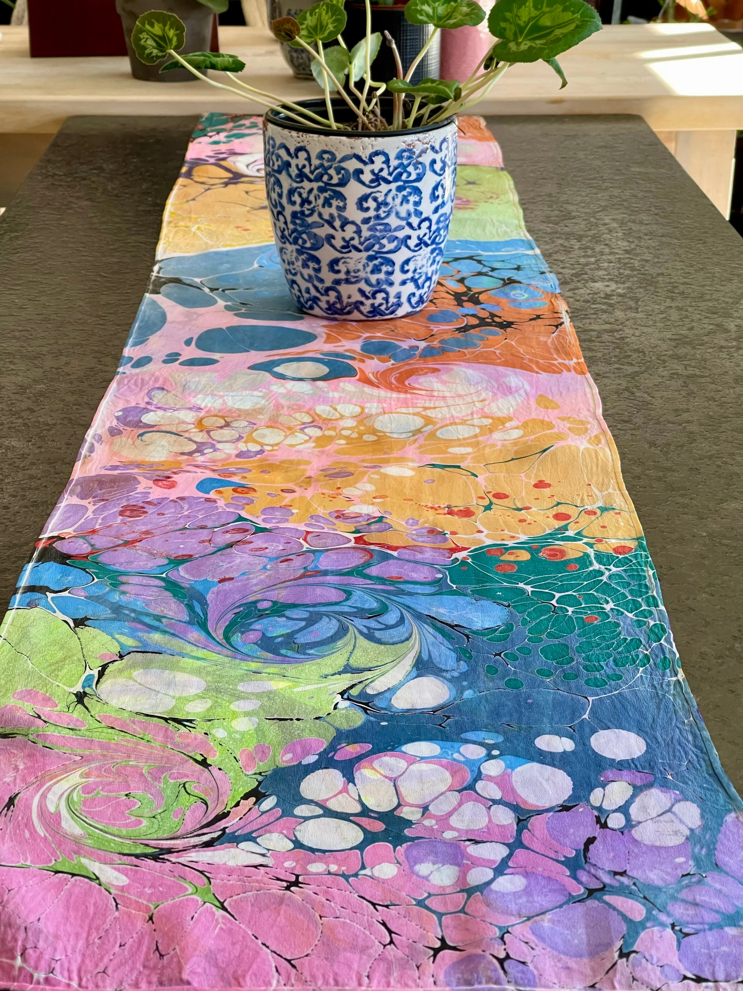 Summer Colors twice marbled two sided Charmeuse Silk 72x14” bold fun . This beautiful silk makes a unique dresser.  cover and scarf