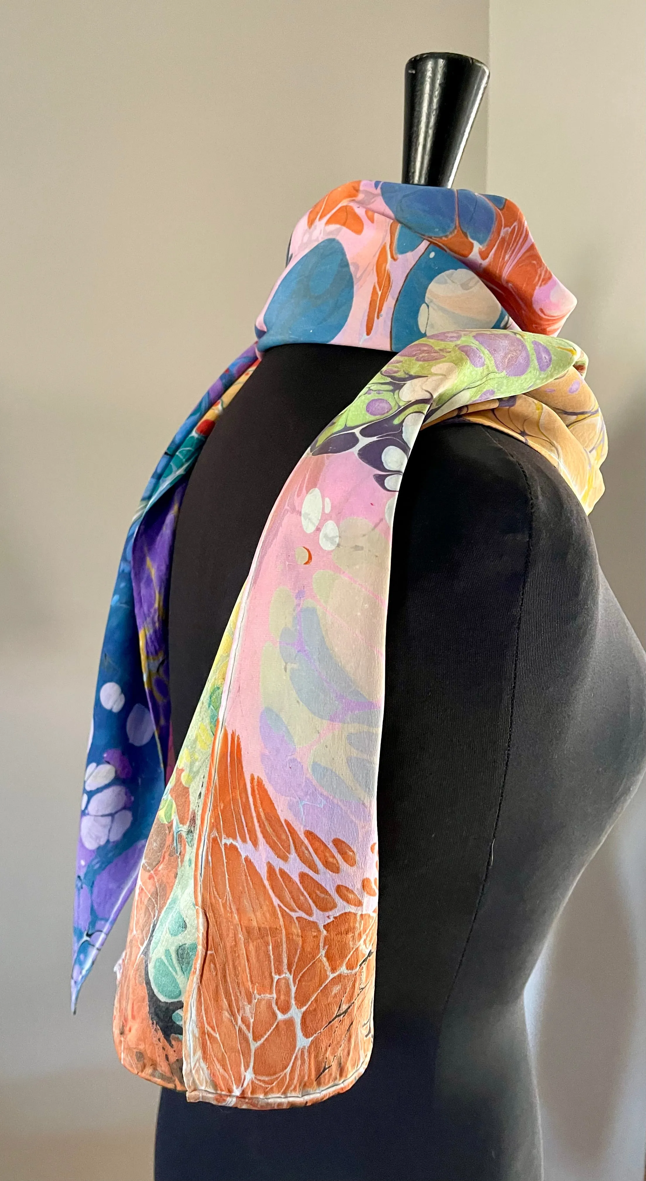 Summer Colors twice marbled two sided Charmeuse Silk 72x14” bold fun . This beautiful silk makes a unique dresser.  cover and scarf