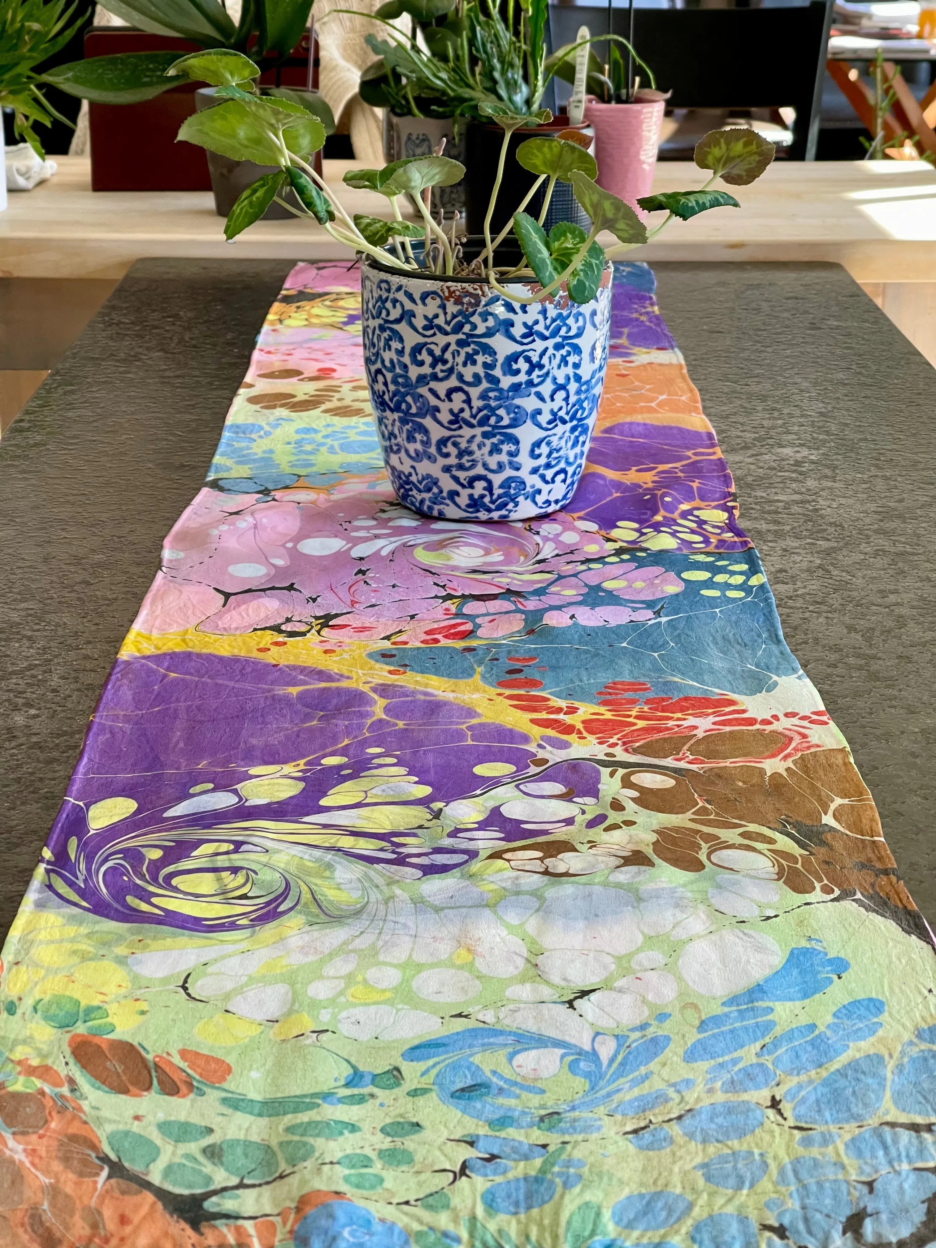 Summer Colors twice marbled two sided Charmeuse Silk 72x14” bold fun . This beautiful silk makes a unique dresser.  cover and scarf