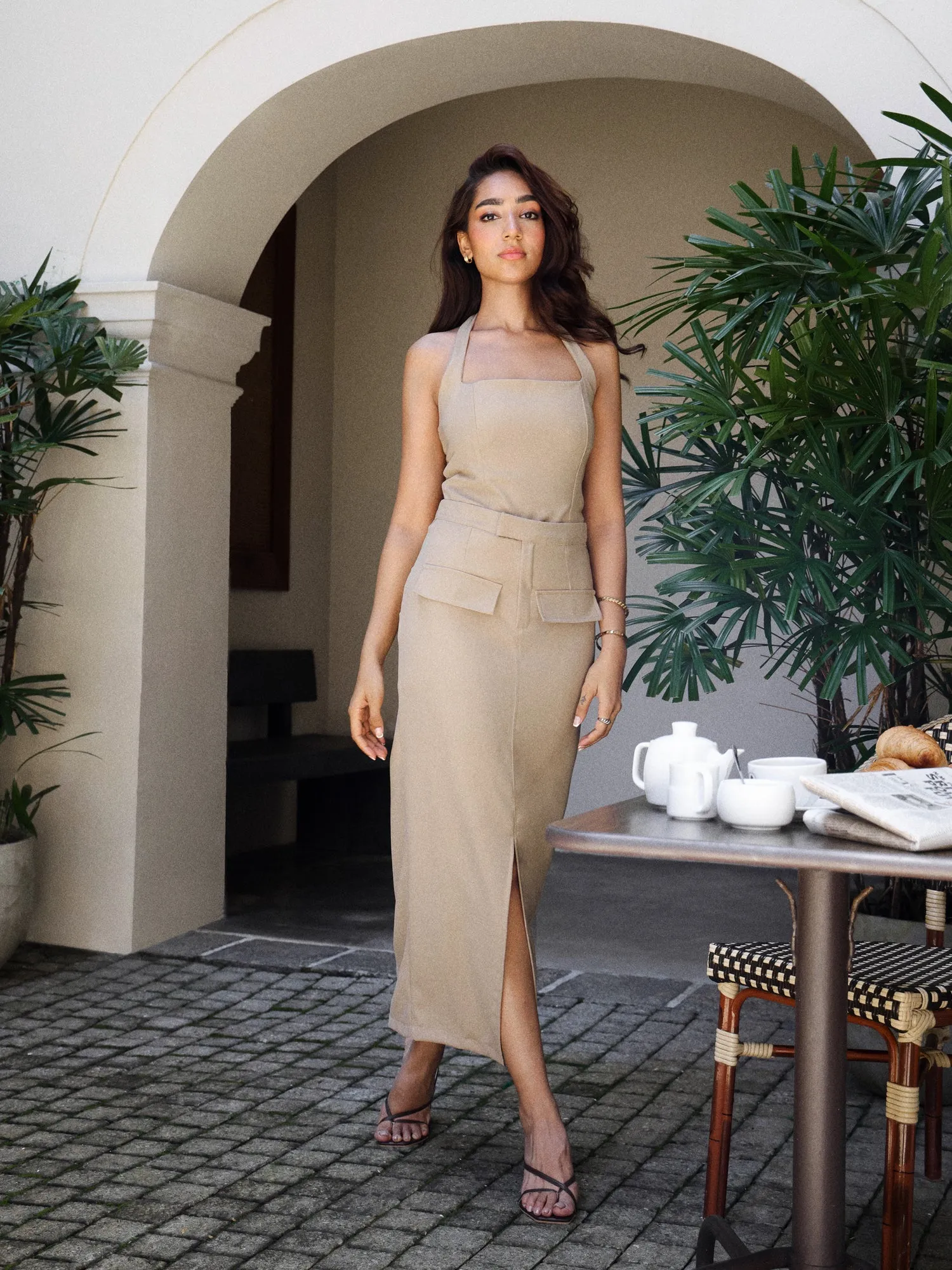 Tailored High Waist Flap Detailed Front Slit Midi Skirt