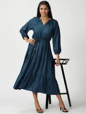 Teal Boho Tiered Midi Dress with Hand-Braided Waist Belt