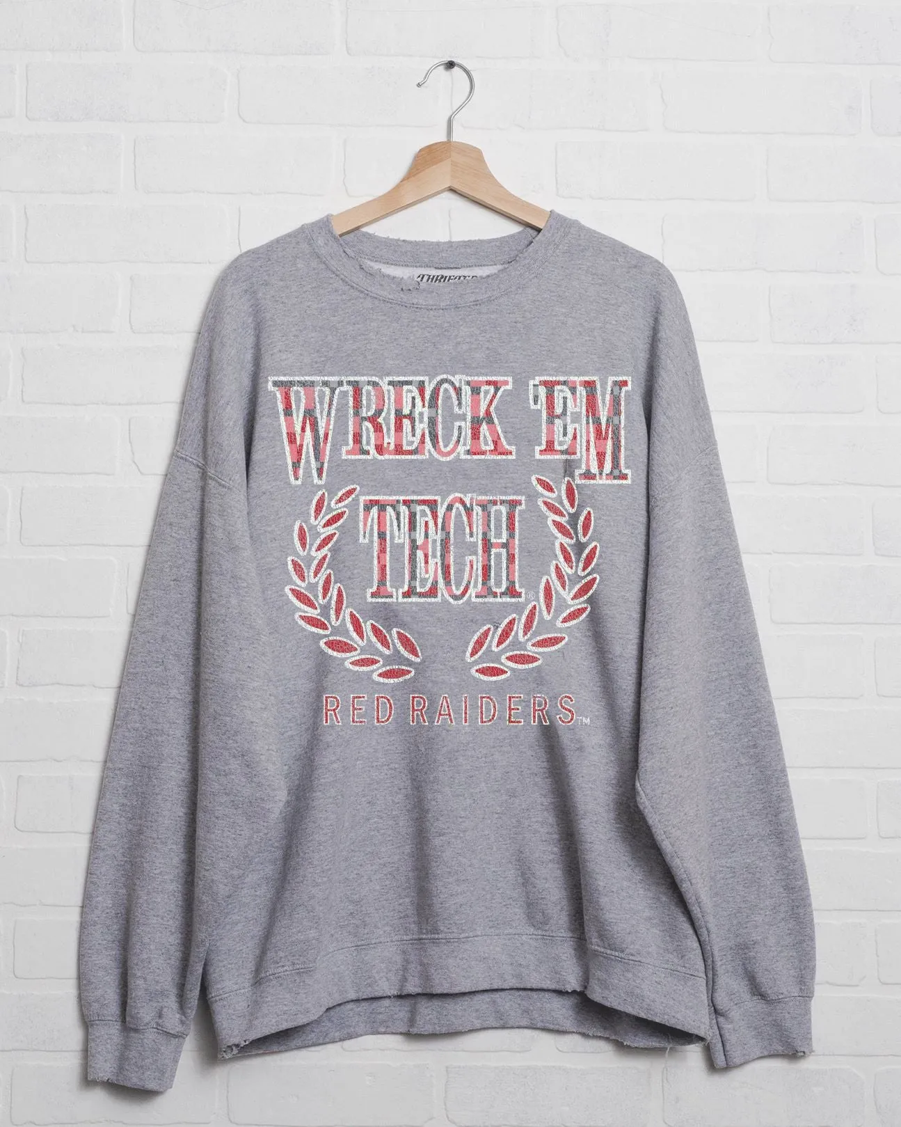 Texas Tech Plaid Crest Gray Thrifted Sweatshirt