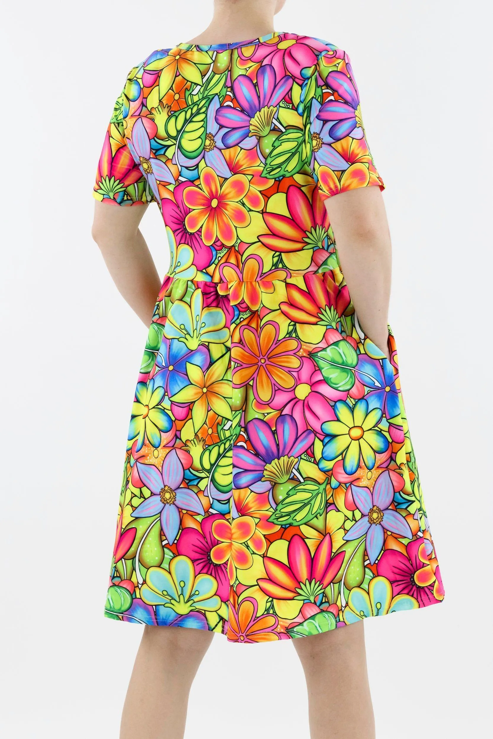 Tutti Frutti Flower - Short Sleeve Skater Dress - Knee Length - Side Pockets