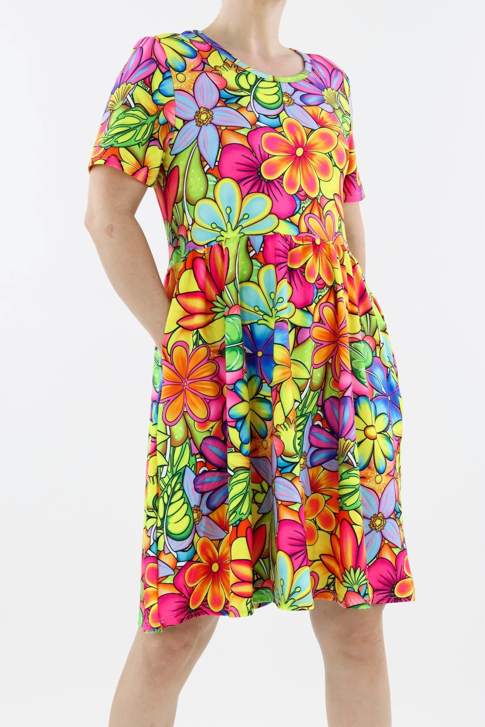 Tutti Frutti Flower - Short Sleeve Skater Dress - Knee Length - Side Pockets