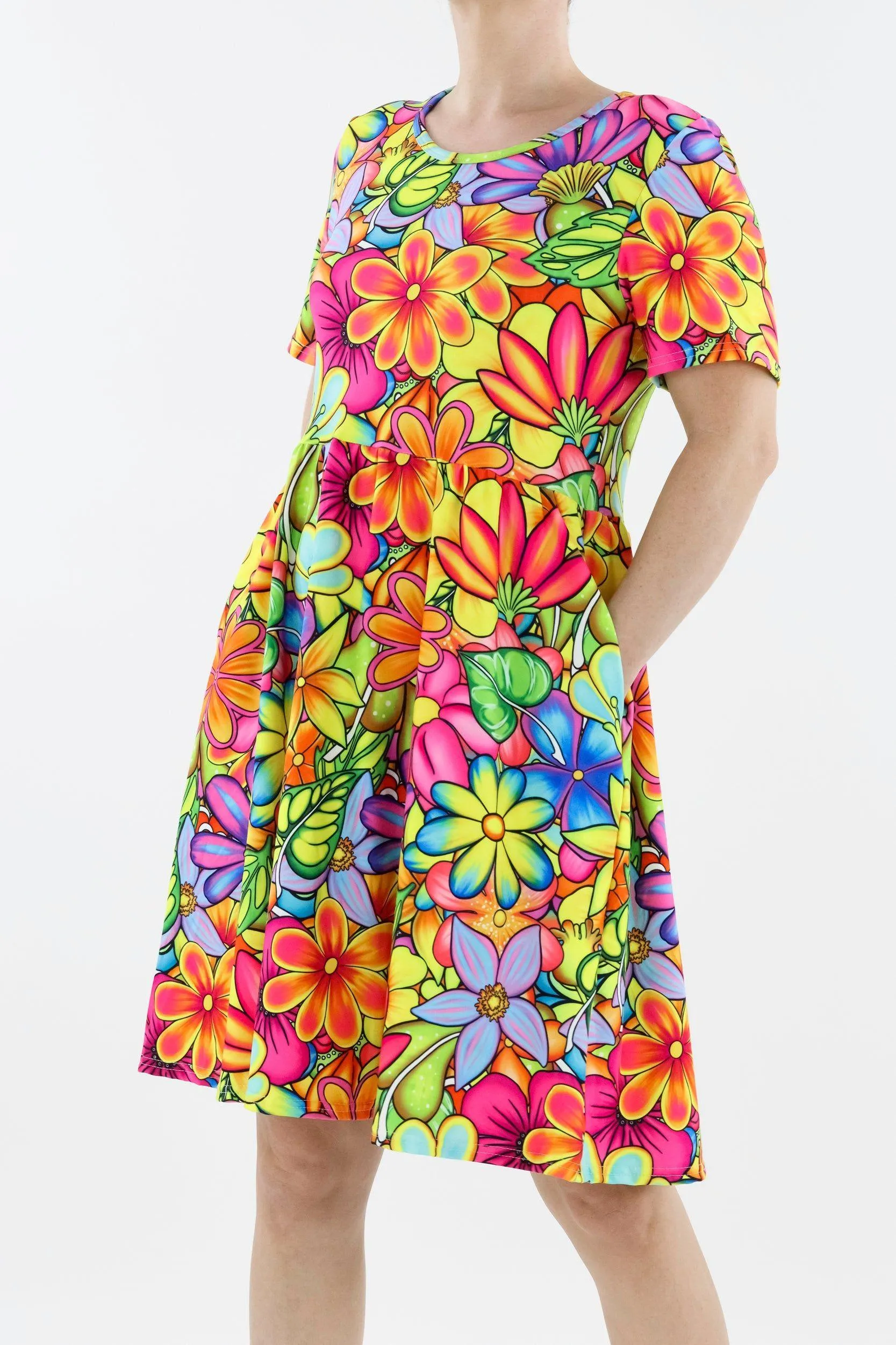 Tutti Frutti Flower - Short Sleeve Skater Dress - Knee Length - Side Pockets