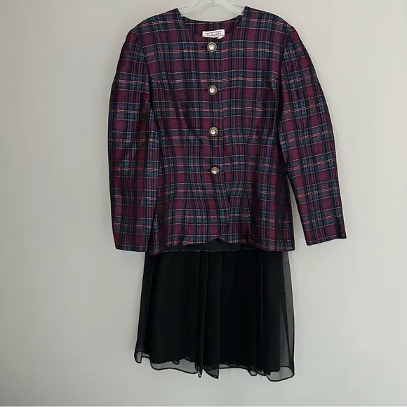 Two Piece Skirt Jacket Set Vintage Talbots Depeche Metallic Plaid Jacket &amp; skirt