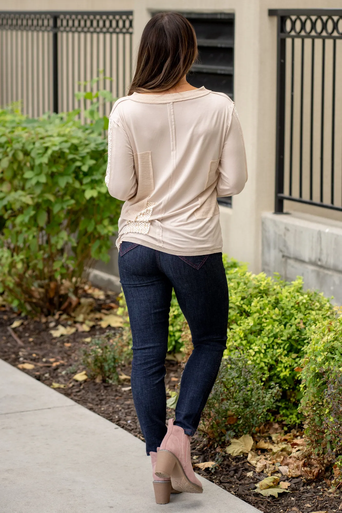 V-Neck Long Sleeve Floral Contrast Top