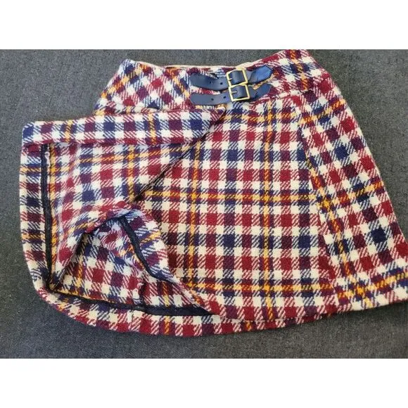 Vintage 60s 70s Blue Red Yellow Plaid Mini Skirt A Line Size XS Twiggy Buckle