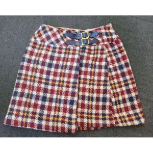 Vintage 60s 70s Blue Red Yellow Plaid Mini Skirt A Line Size XS Twiggy Buckle