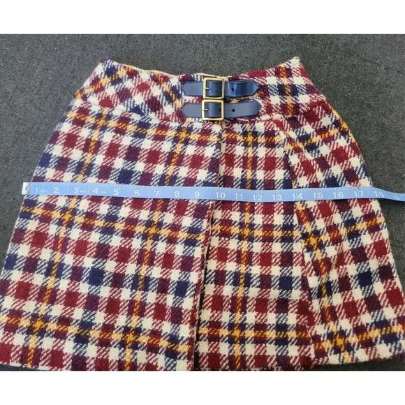 Vintage 60s 70s Blue Red Yellow Plaid Mini Skirt A Line Size XS Twiggy Buckle