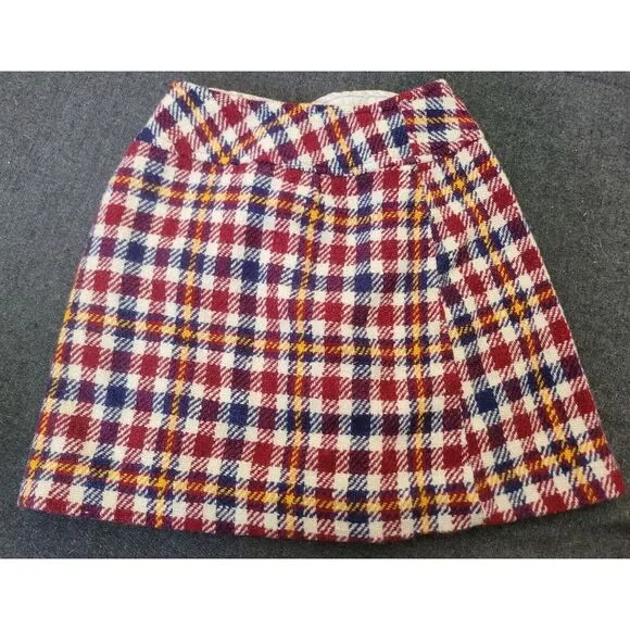 Vintage 60s 70s Blue Red Yellow Plaid Mini Skirt A Line Size XS Twiggy Buckle