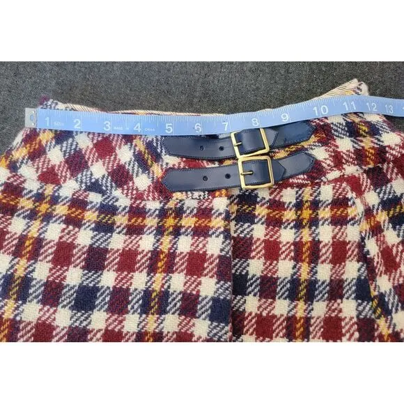 Vintage 60s 70s Blue Red Yellow Plaid Mini Skirt A Line Size XS Twiggy Buckle
