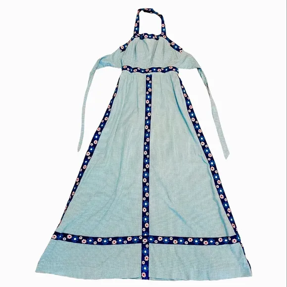 Vintage 70s Halter Maxi Dress - Blue and White Plaid and Floral Embroidery Gown