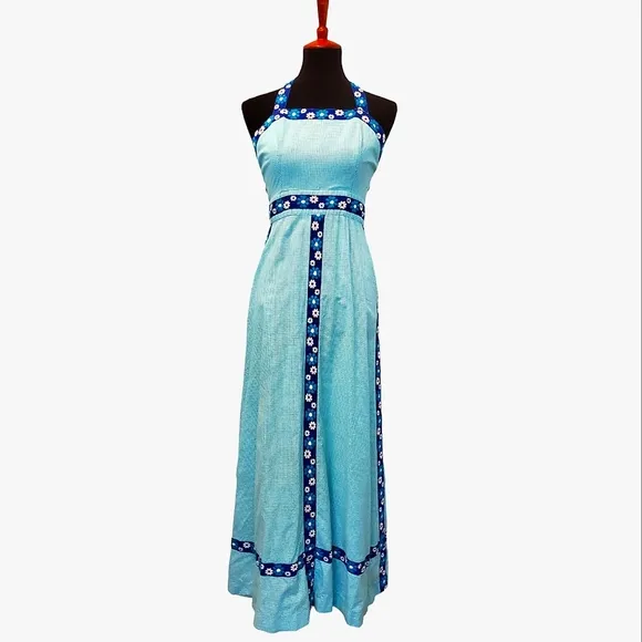 Vintage 70s Halter Maxi Dress - Blue and White Plaid and Floral Embroidery Gown