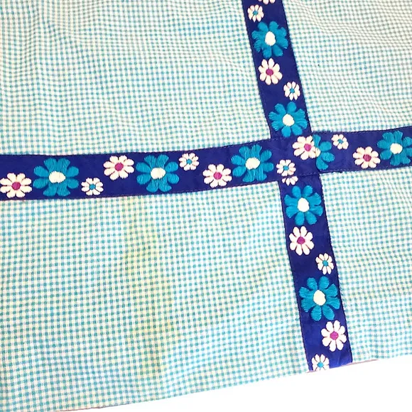 Vintage 70s Halter Maxi Dress - Blue and White Plaid and Floral Embroidery Gown