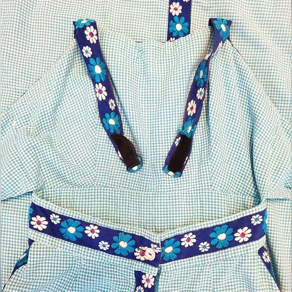 Vintage 70s Halter Maxi Dress - Blue and White Plaid and Floral Embroidery Gown