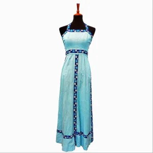 Vintage 70s Halter Maxi Dress - Blue and White Plaid and Floral Embroidery Gown