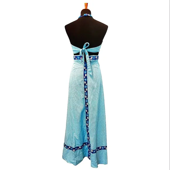 Vintage 70s Halter Maxi Dress - Blue and White Plaid and Floral Embroidery Gown