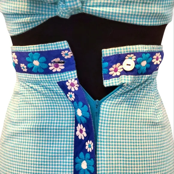 Vintage 70s Halter Maxi Dress - Blue and White Plaid and Floral Embroidery Gown