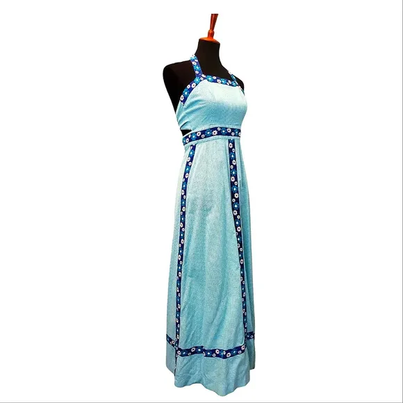 Vintage 70s Halter Maxi Dress - Blue and White Plaid and Floral Embroidery Gown
