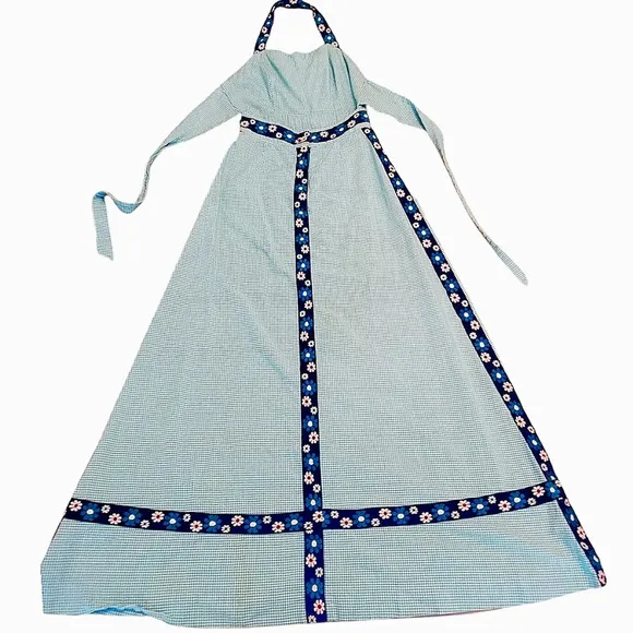 Vintage 70s Halter Maxi Dress - Blue and White Plaid and Floral Embroidery Gown