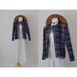 Vintage 80s Acrylic Plaid Boxy Polyester Jacket size 10P